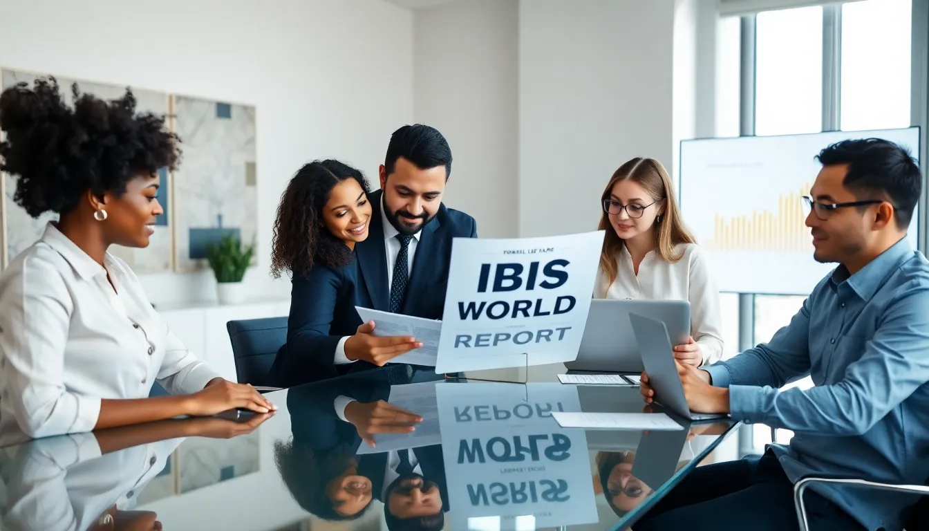 diverse professionals collaborating on an Ibis World Report in a modern office.