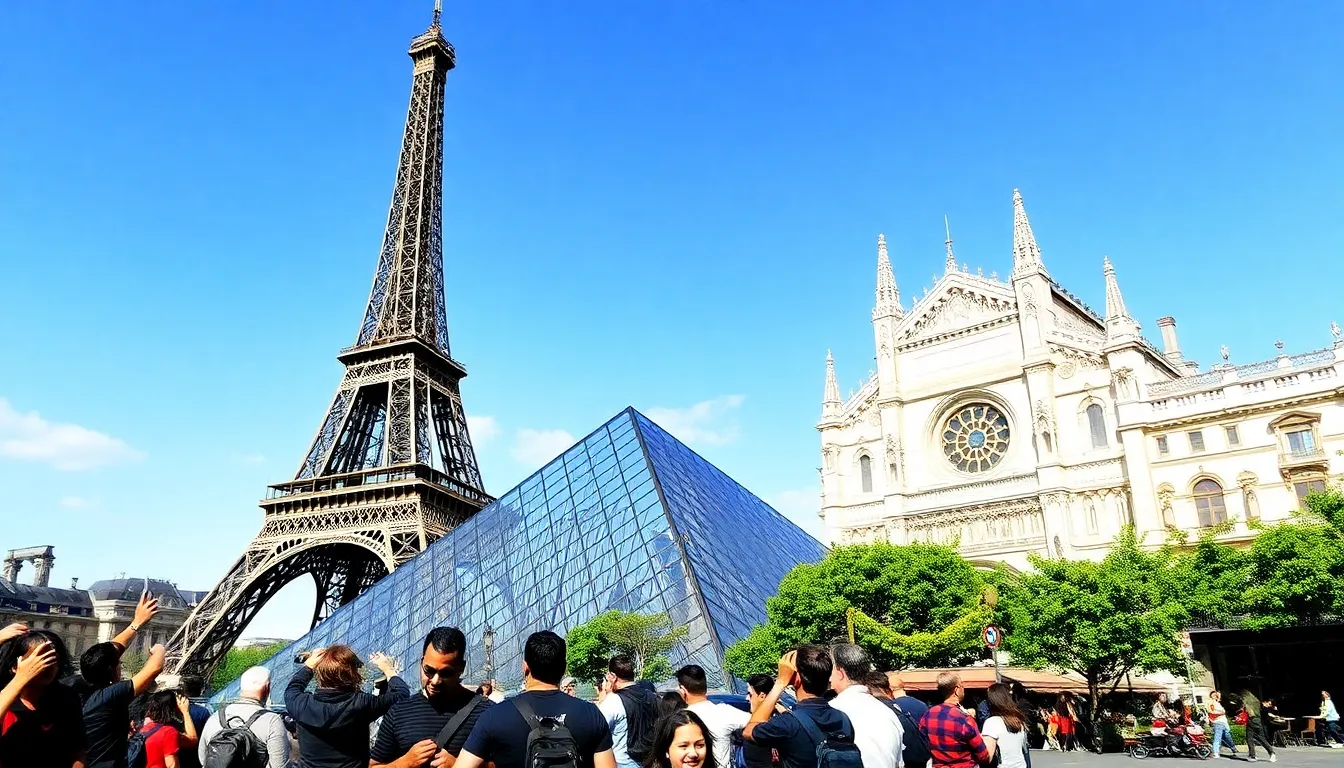 iconic landmarks of Paris including the Eiffel Tower, Louvre, and Notre-Dame.