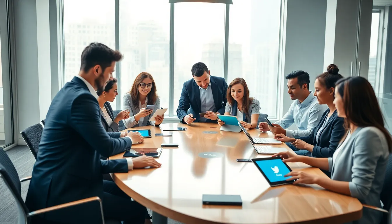 diverse professionals discussing social media in a modern office.