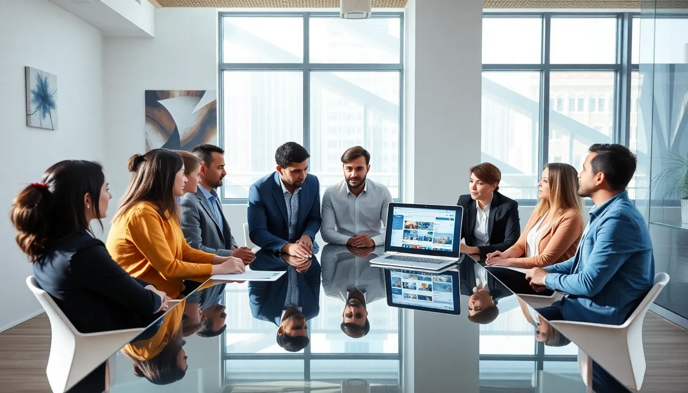 diverse professionals discussing NSFW content in a modern office.