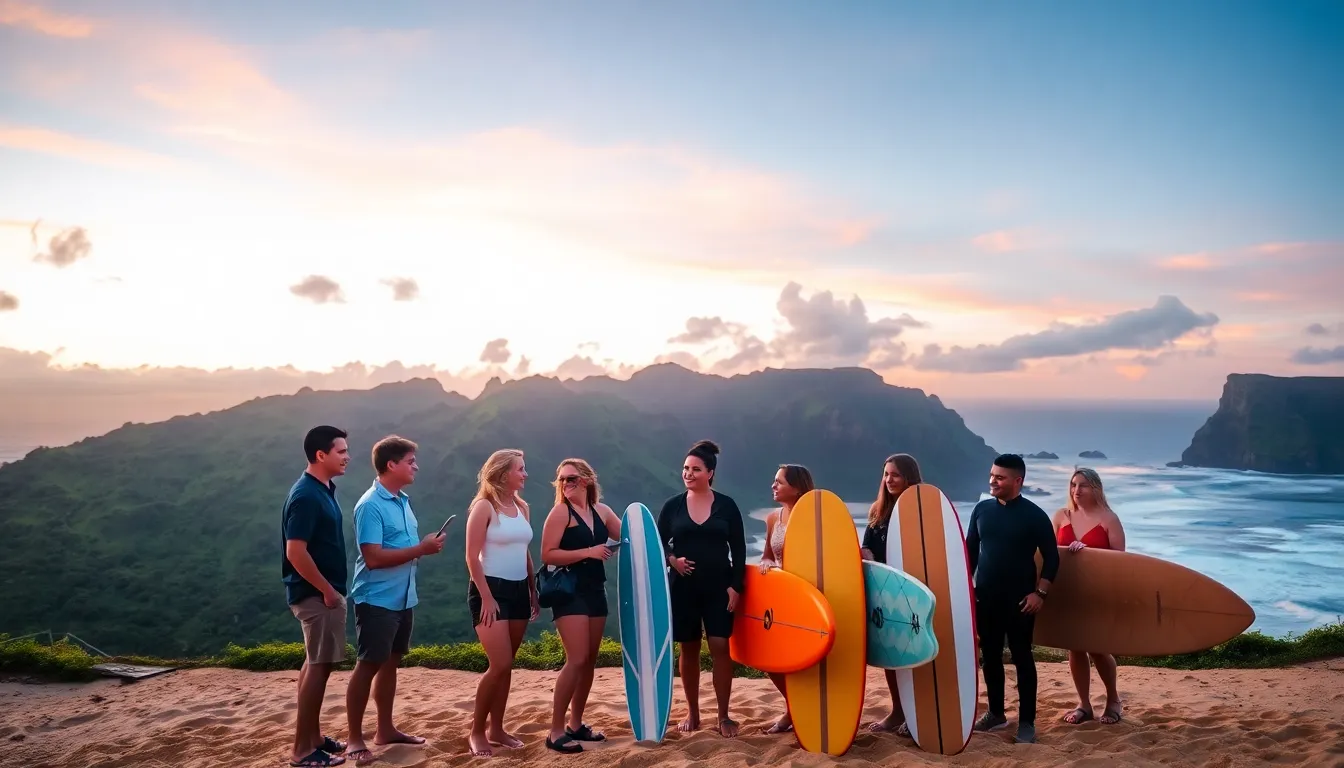 diverse group enjoying a Hawaiian beach sunset with surfboards.