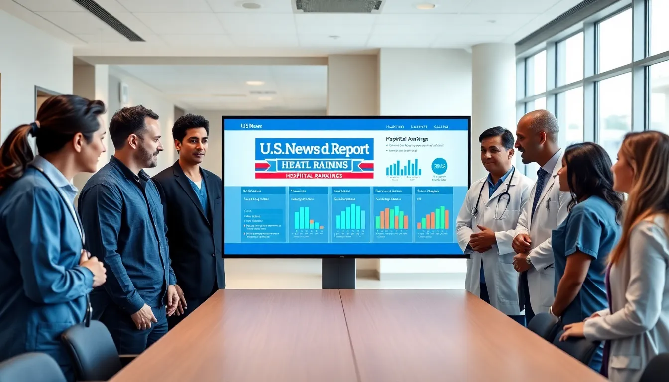 healthcare professionals discussing hospital rankings in a modern conference room.