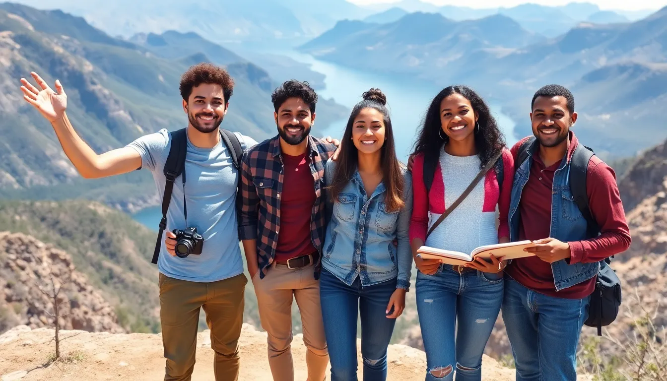 Friends at a scenic overlook, excited about their travel bucket list.