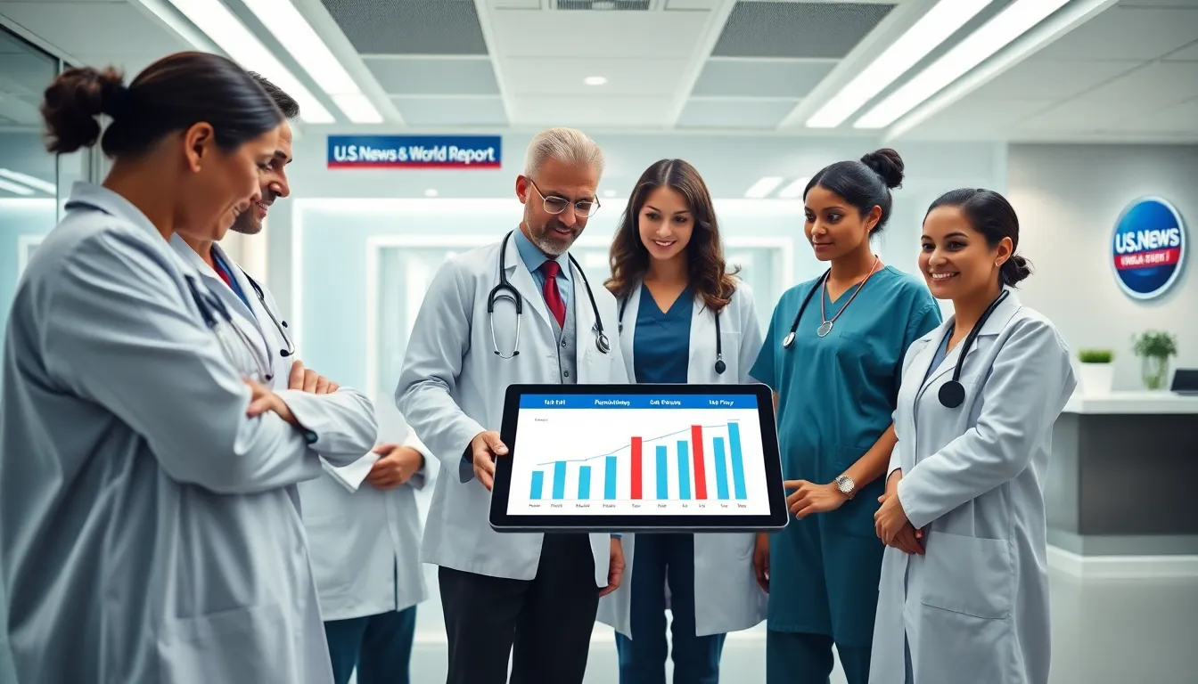 healthcare professionals discussing hospital rankings in a modern setting.